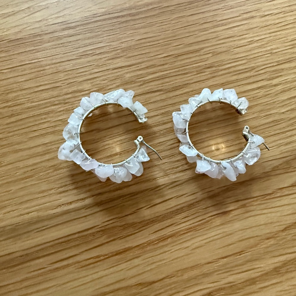 Silver Hoop Earrings with Pale Pink Stones